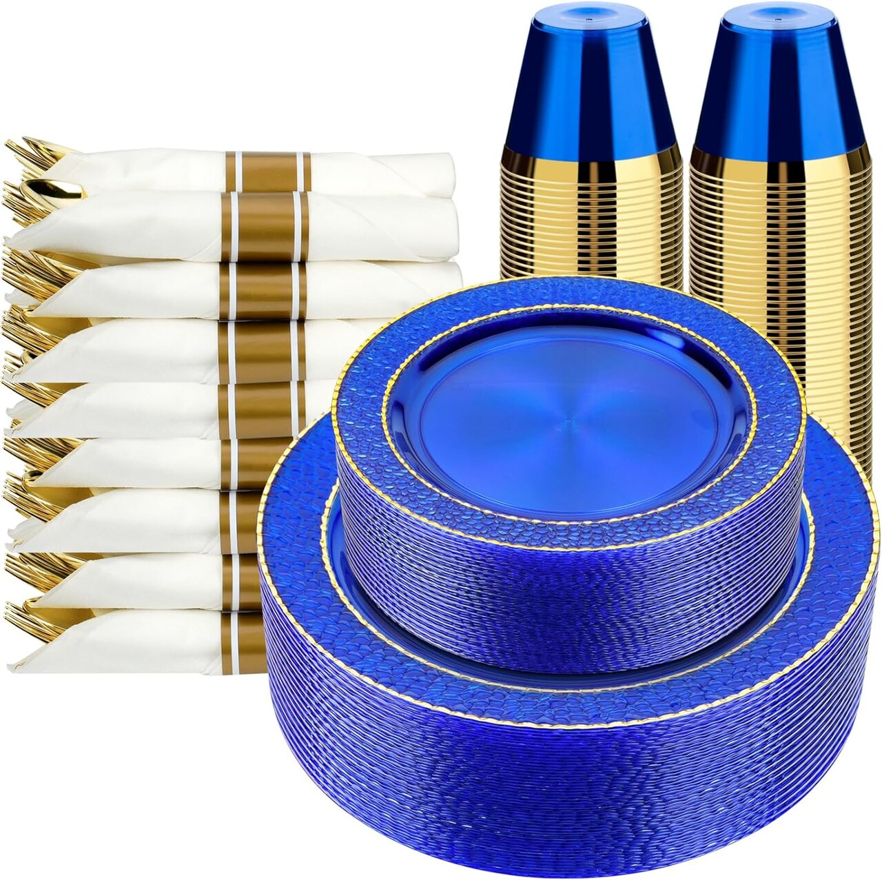 350PCS Gold Trim Plastic Dinnerware Set – Serves 50 Guests, Elegant Disposable Party Plates